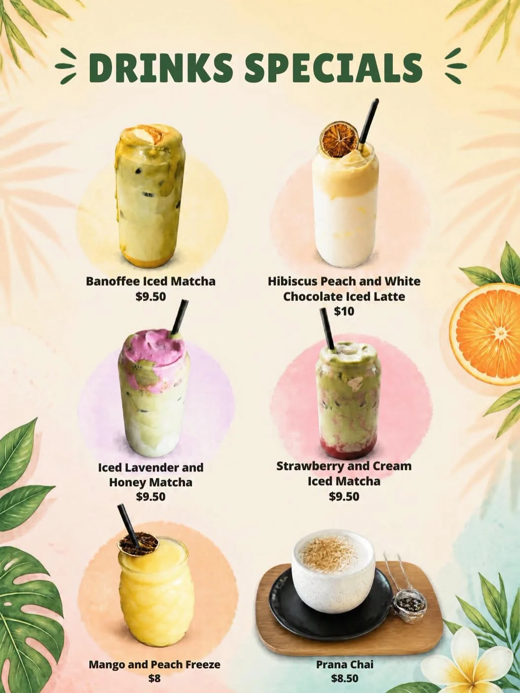 Drinks specials board listing six drinks with prices
