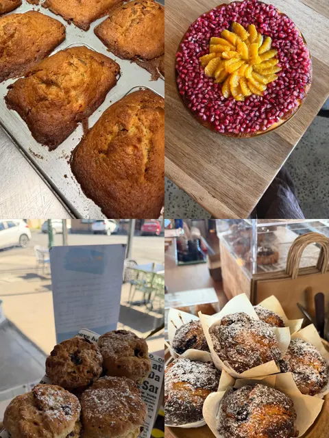 Four photos: loaf cakes in a baking tin, a tart topped with pomegranate and orange segments, scones by the front window, and sugar-dusted muffins in paper cases